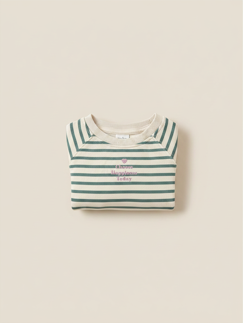 Conjunto Vamos Niños Lefties de niña con polerón a rayas beige y verde y bordado frontal de texto