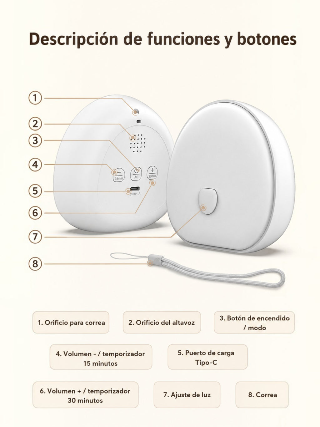 Luz nocturna Vamos Niños con ruido blanco, diseño compacto blanco, botones táctiles, puerto USB-C y correa de mano