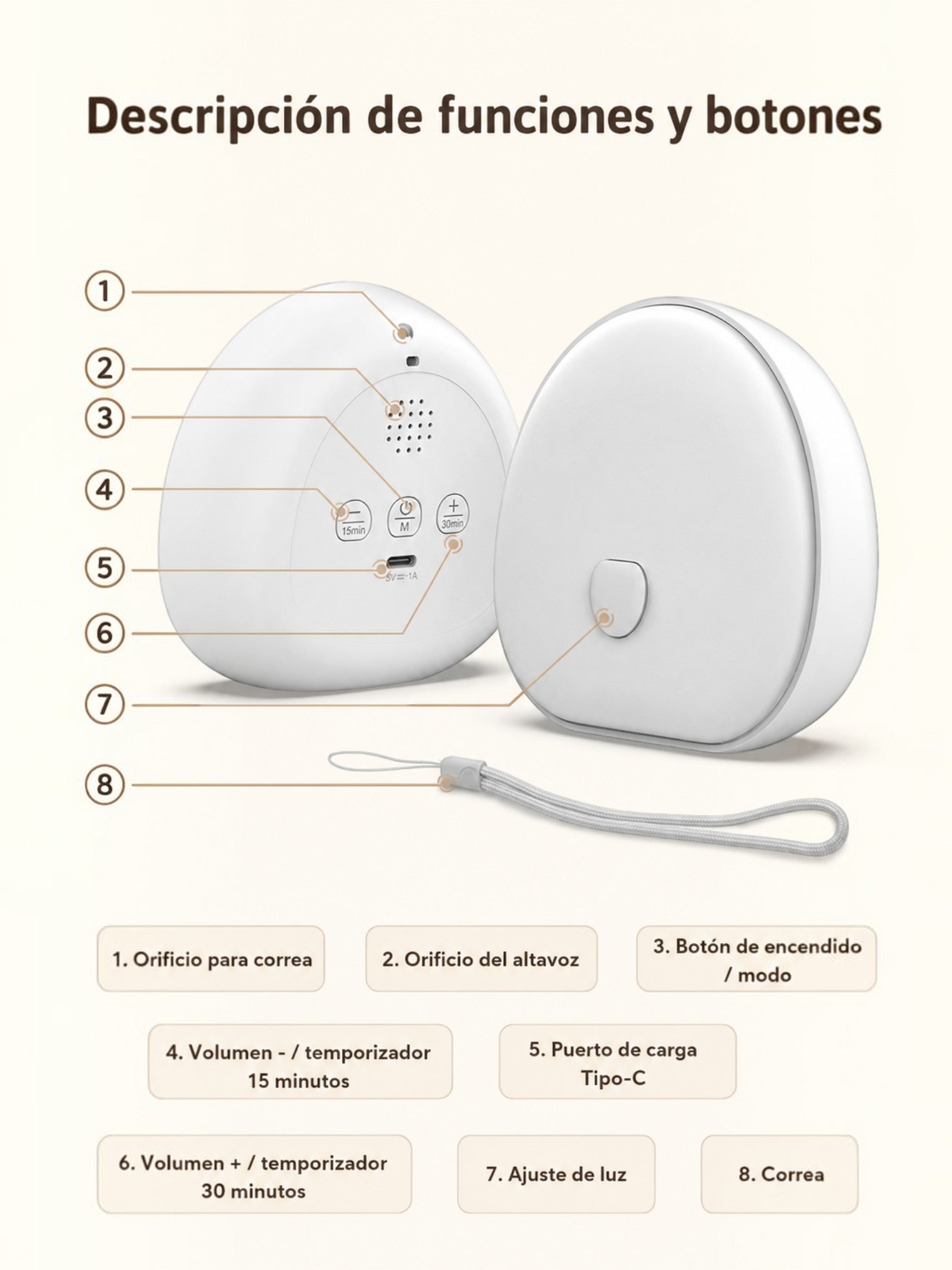 Luz nocturna Vamos Niños con ruido blanco, diseño compacto blanco, botones táctiles, puerto USB-C y correa de mano