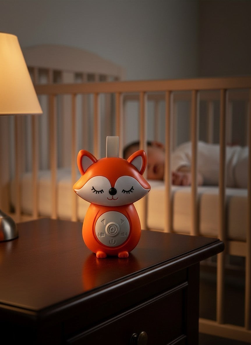 Máquina de ruido blanco Vamos Niños con forma de zorro naranja y blanco sobre mesa de noche en habitación infantil