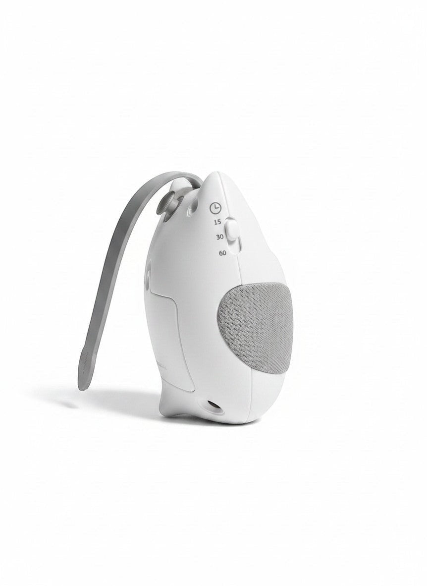Máquina de sonidos relajantes Vamos Niños con forma de búho en color blanco y gris con correa para colgar