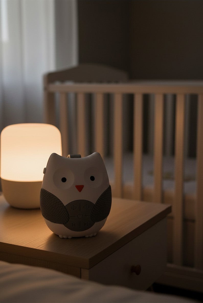 Máquina de sonidos Vamos Niños con forma de búho en blanco y gris sobre una mesa de noche en una habitación infantil