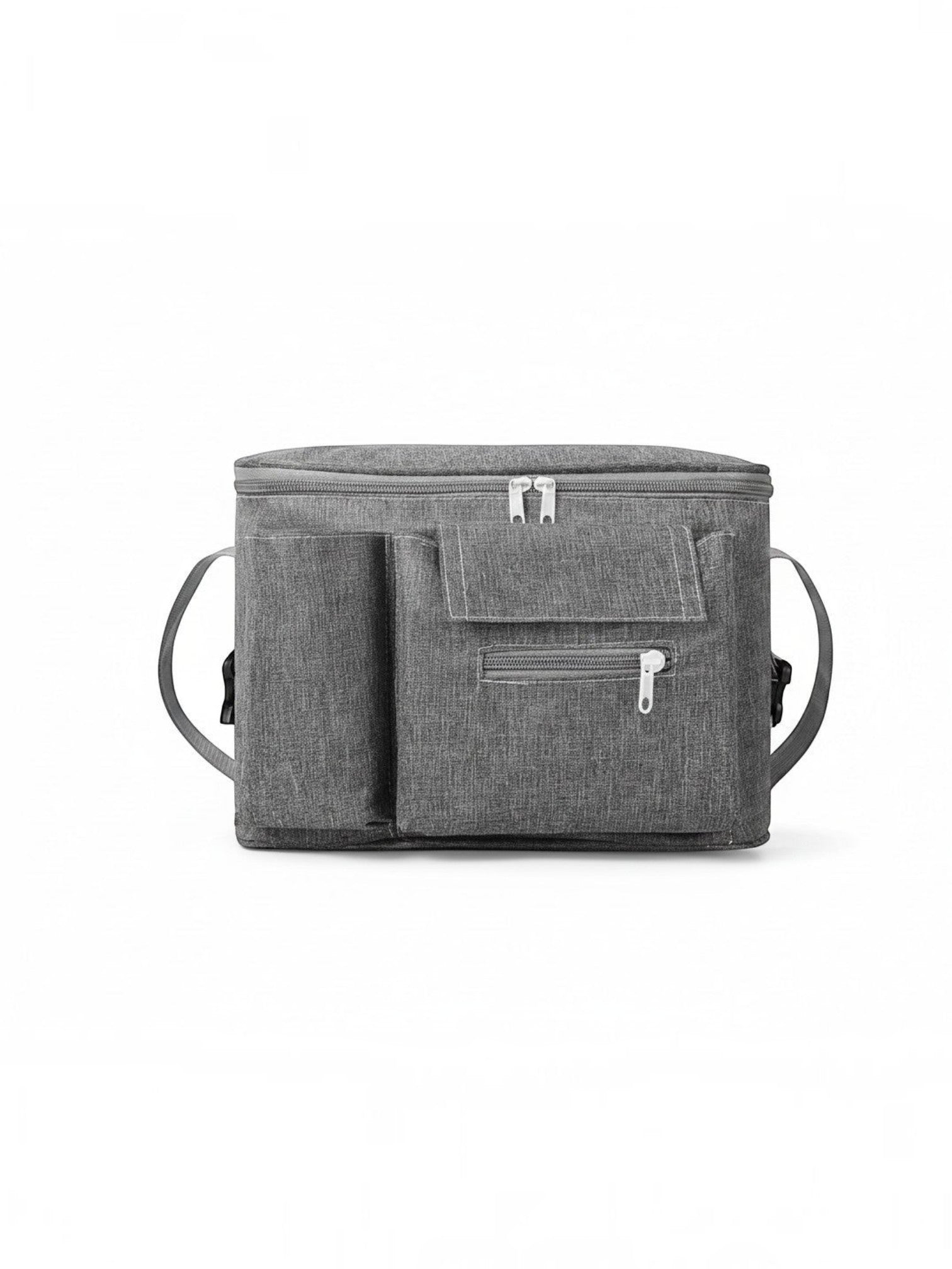 Organizador de carrito de bebé Vamos Niños gris con múltiples bolsillos y cremalleras, diseño textil resistente.