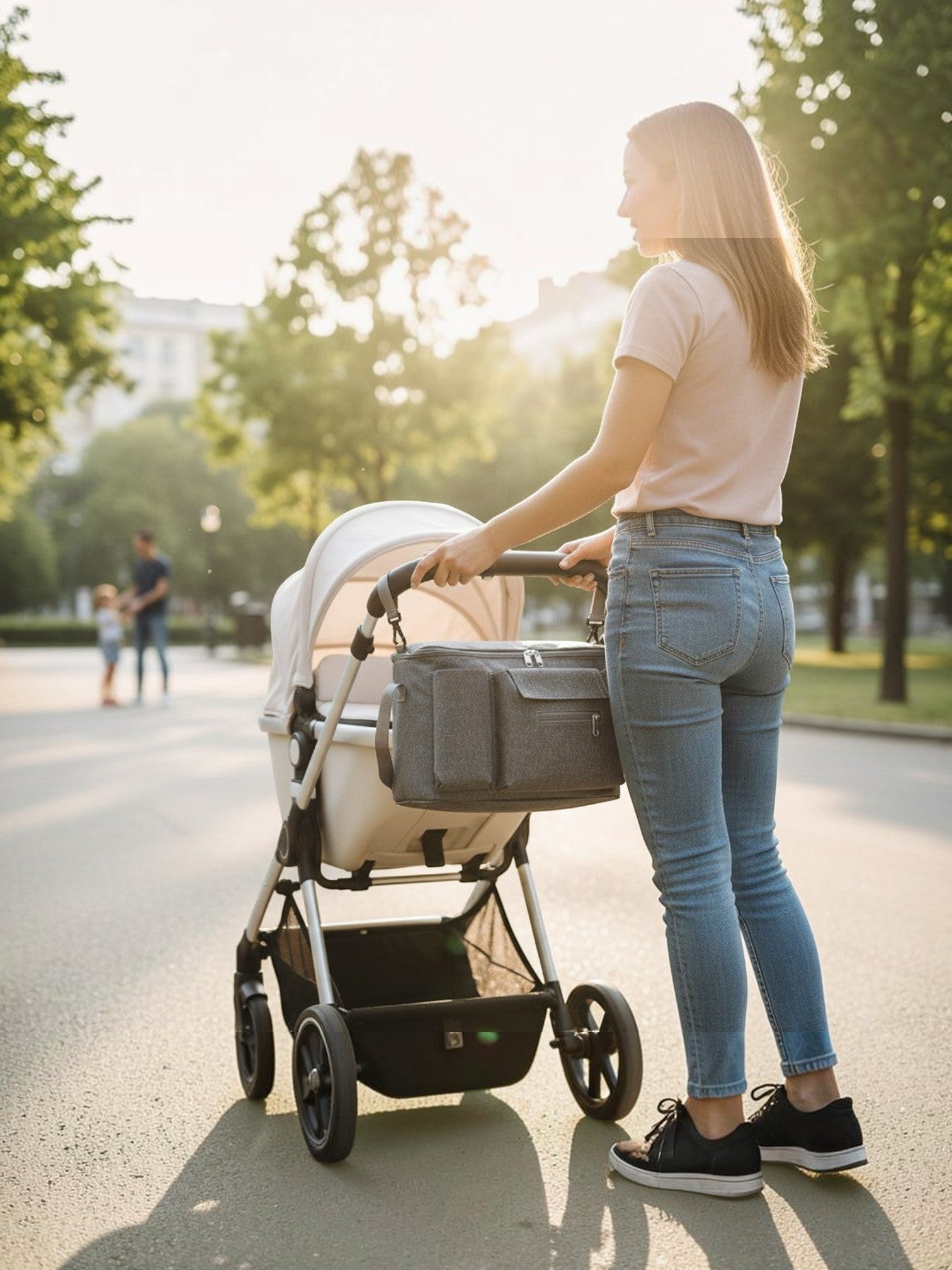 Organizador de carrito Vamos Niños gris con múltiples compartimentos, colgado en cochecito de bebé en un parque.
