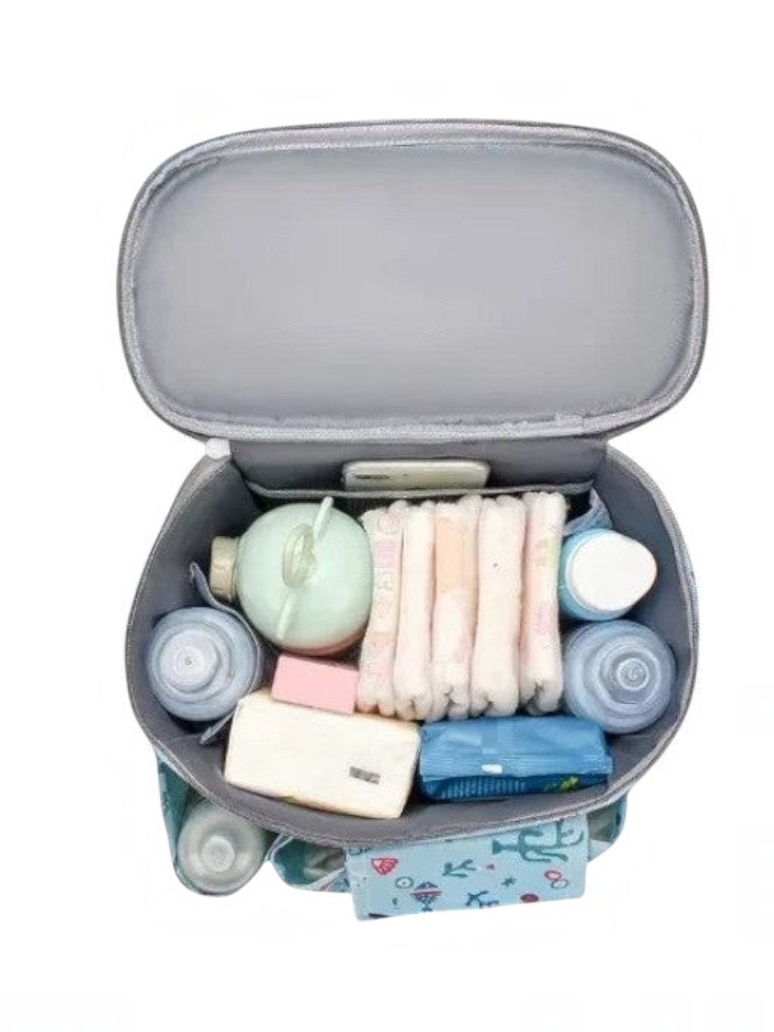 Organizador de carrito Vamos Niños gris con estampado, compartimentos interiores llenos de accesorios para bebé