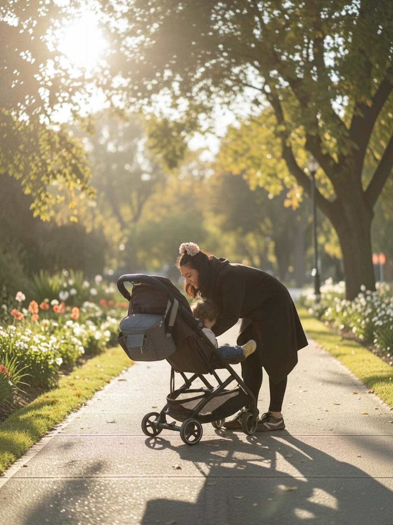 Madre con bebé en cochecito usando el organizador gris Vamos Niños en un parque soleado