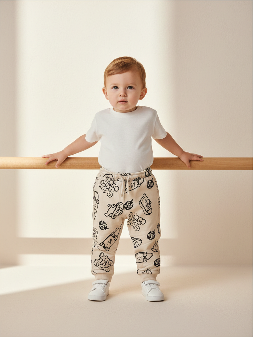 Bebé con pantalón buzo beige de Vamos Niños con estampado de skates y camiseta blanca