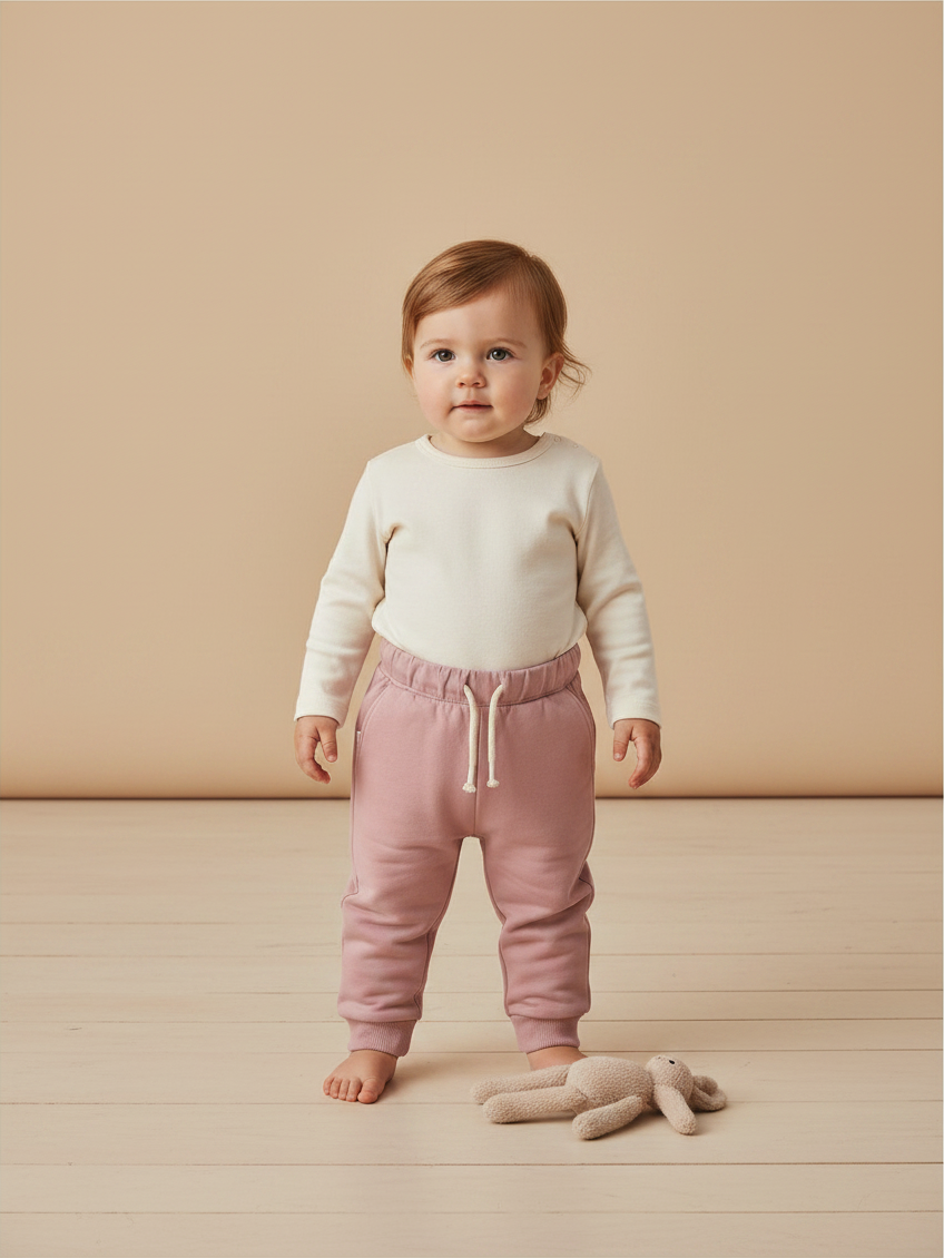 Bebé con pantalón de buzo rosado pálido Lefties de Vamos Niños, con cintura elástica y cordón ajustable.