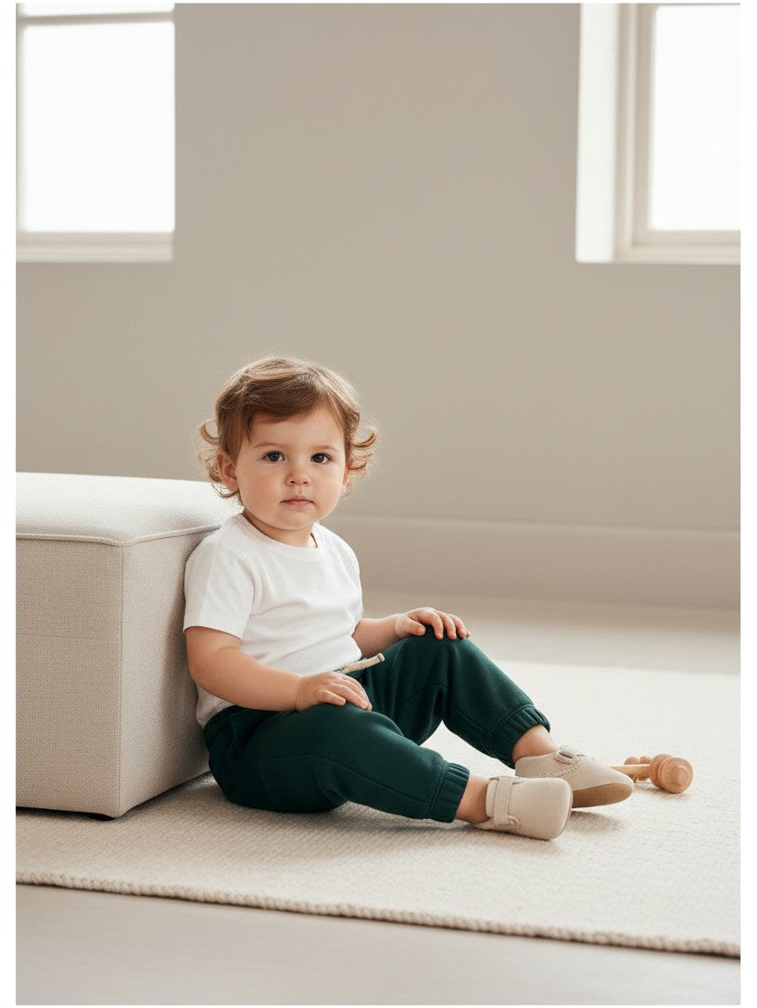 Bebé sentado con pantalón de buzo verde oscuro Lefties de Vamos Niños, camiseta blanca y zapatitos beige