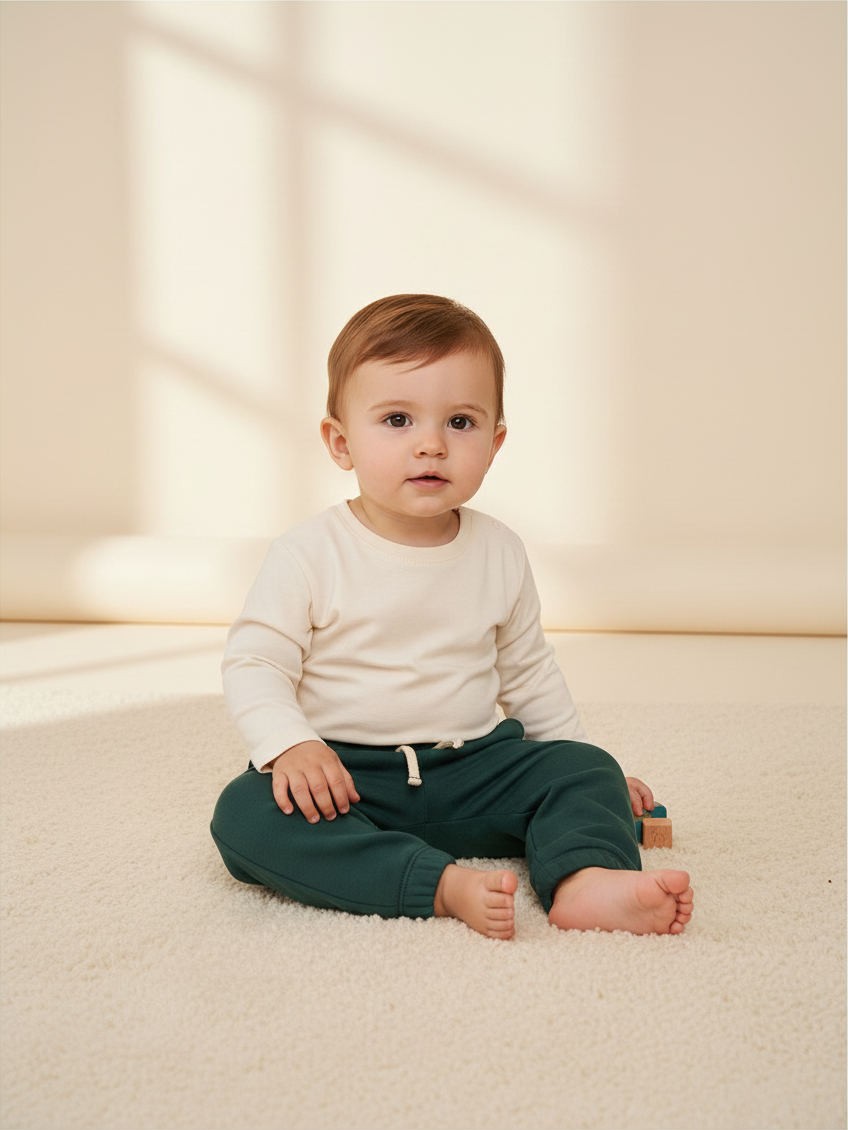 Bebé sentado vistiendo pantalón buzo verde oscuro de la marca Vamos Niños con camiseta de manga larga color crema