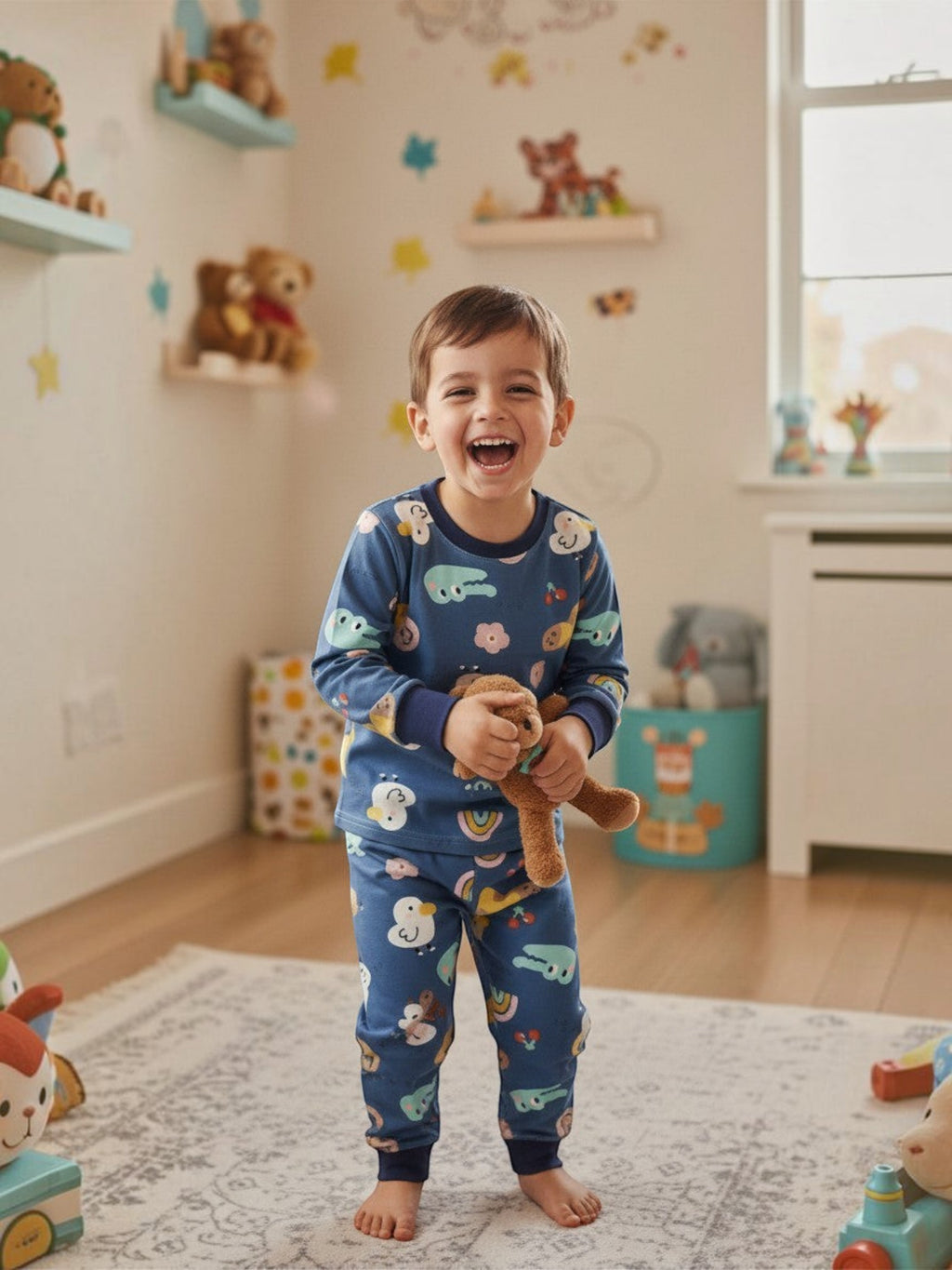 Niño riendo feliz usando pijama afranelado azul con estampado de animalitos de la marca Vamos Niños en su habitación.