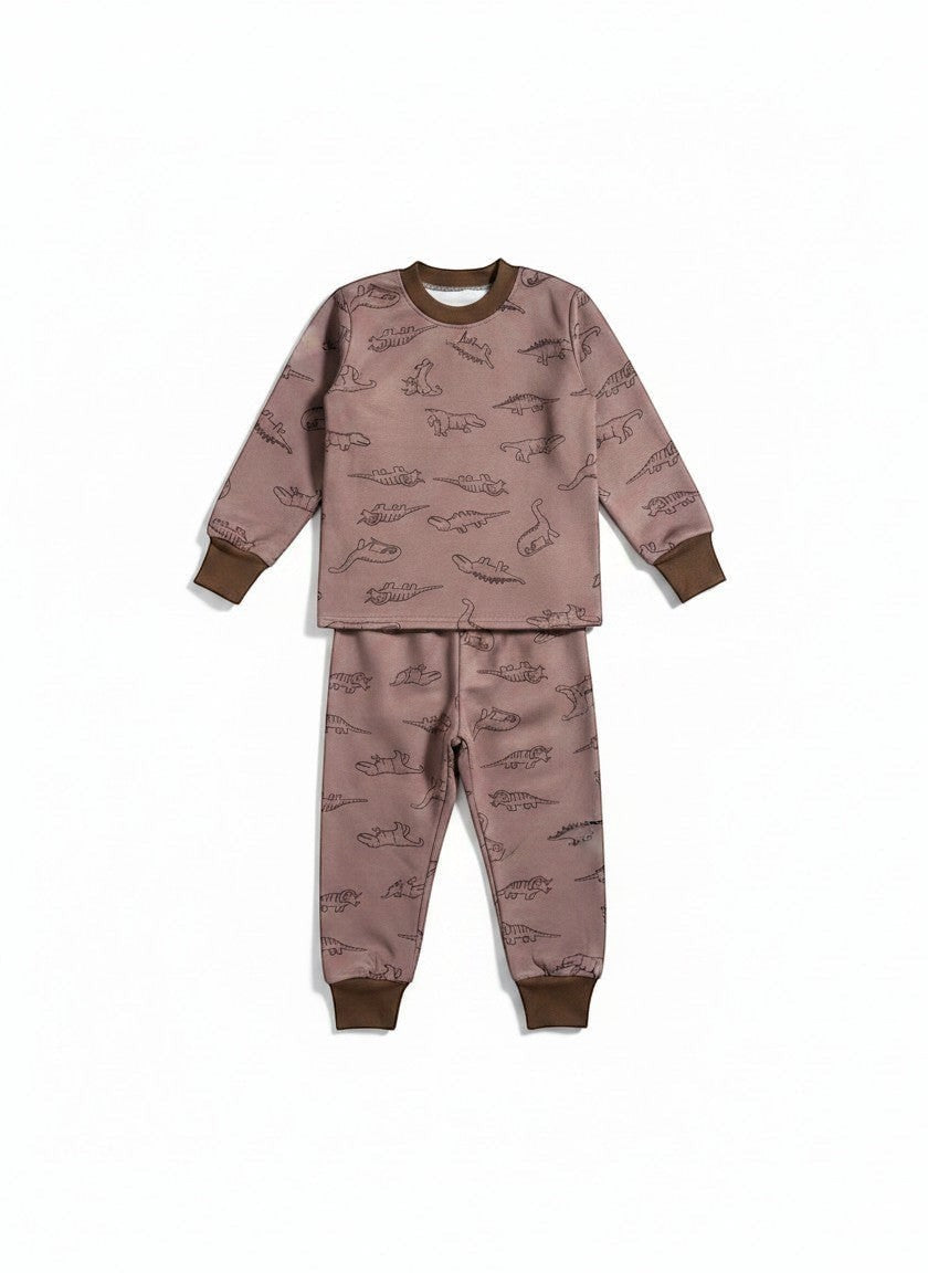 Pijama afranelado Vamos Niños de dos piezas color café con estampado de dinosaurios y puños elásticos