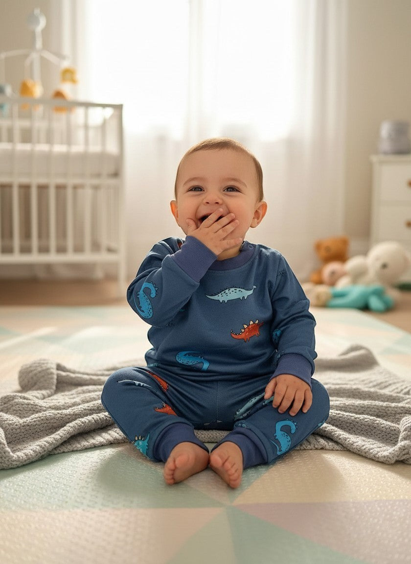 Bebé sonriente con pijama afranelado azul de Vamos Niños con estampado de dinosaurios y puños elásticos en habitación