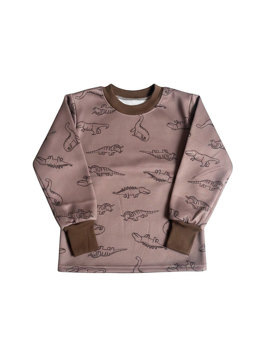 Pijama afranelado Vamos Niños color café con estampado de dinosaurios y puños elásticos para mayor comodidad infantil
