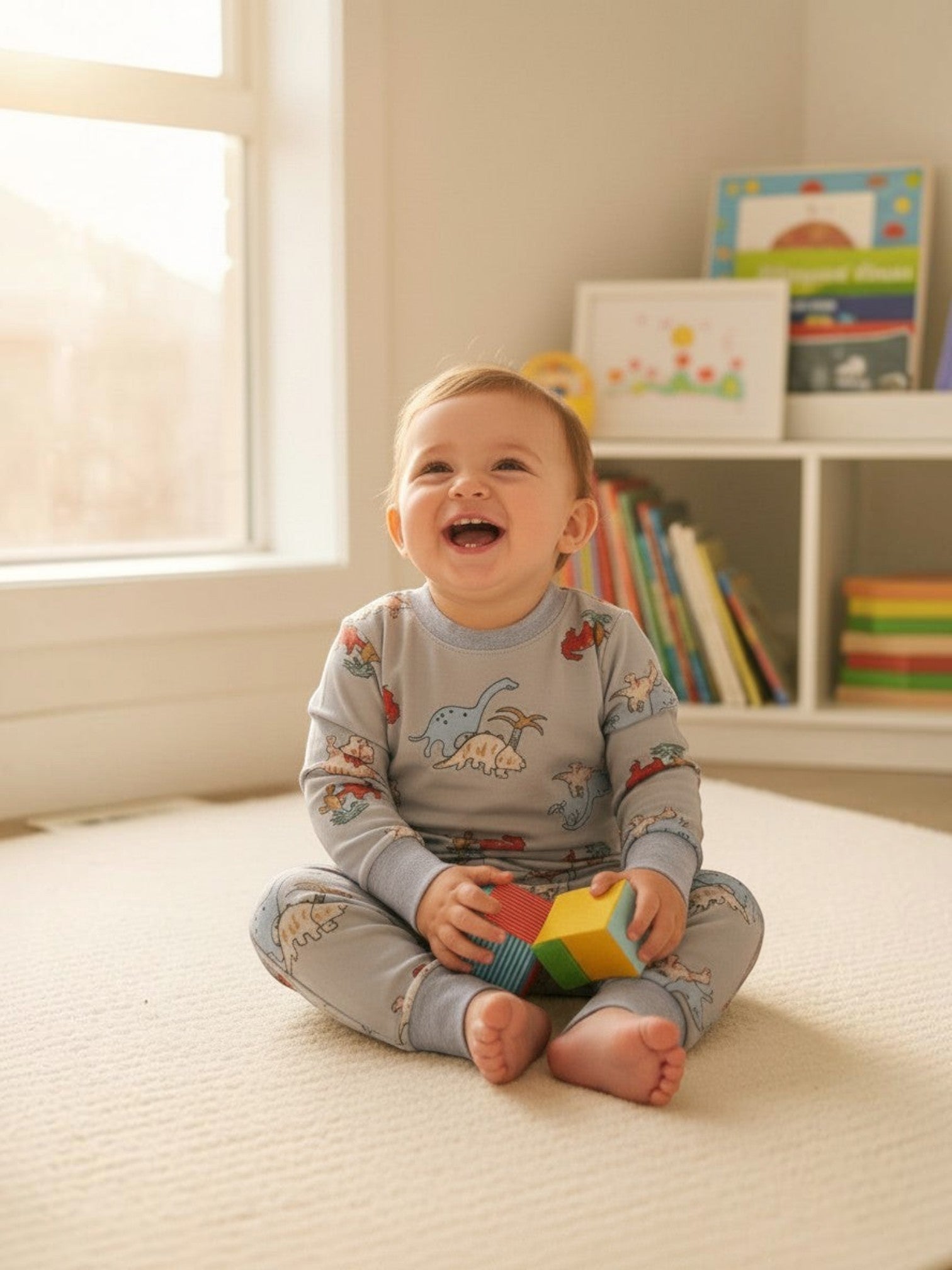 Bebé sonriente con pijama afranelado Vamos Niños gris con estampado de dinosaurios y puños elásticos