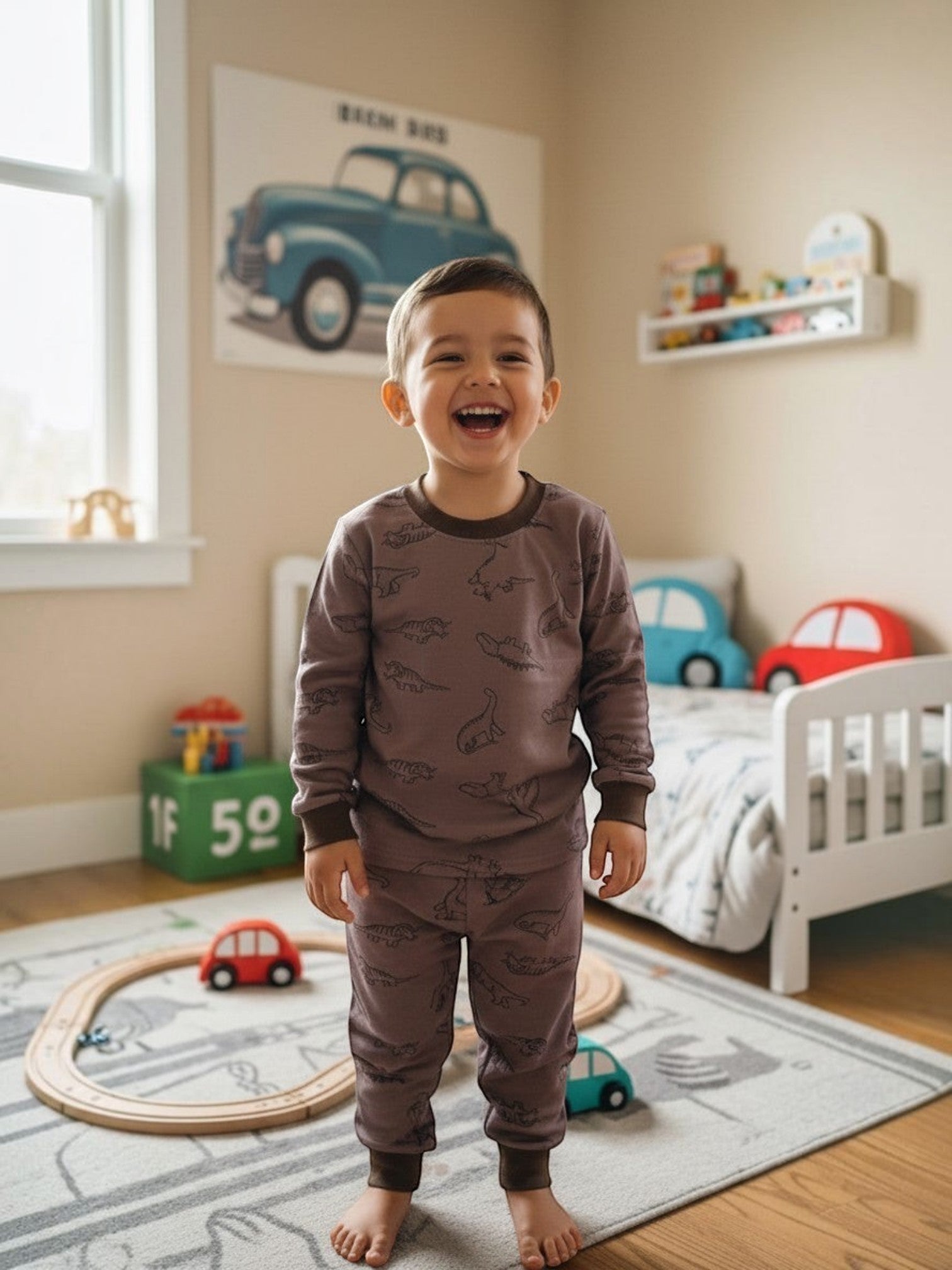 Niño sonriente vistiendo pijama afranelado café de Vamos Niños con estampado de dinosaurios y puños elásticos