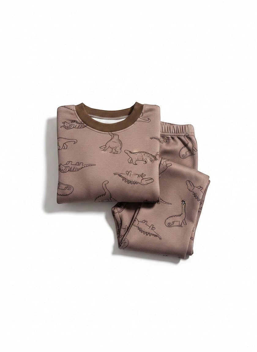 Pijama afranelado Vamos Niños de dos piezas color café con estampado de dinosaurios y puños elásticos