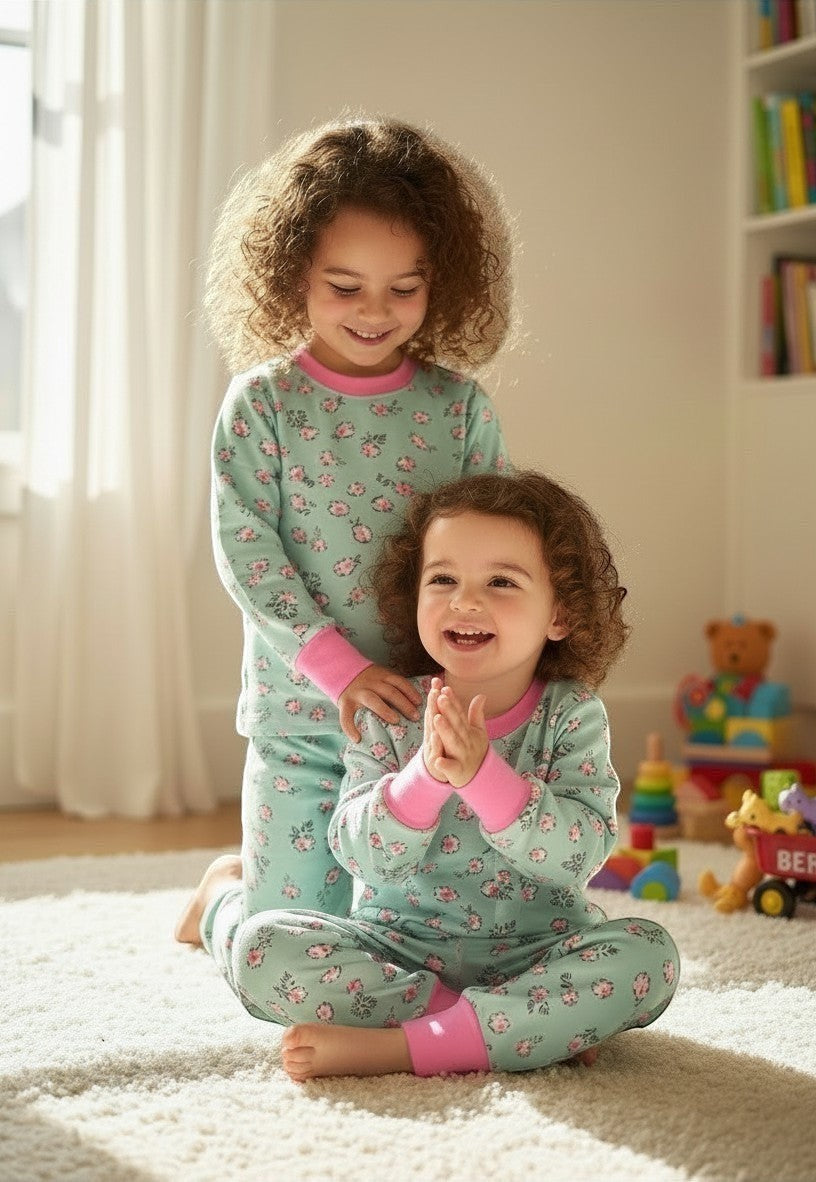 Dos niñas sonrientes usan pijama afranelado Vamos Niños celeste con estampado de flores rosadas y puños elásticos.