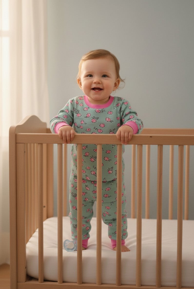 Bebé de pie en cuna usando pijama afranelado Vamos Niños celeste con estampado de flores rosadas y puños elásticos