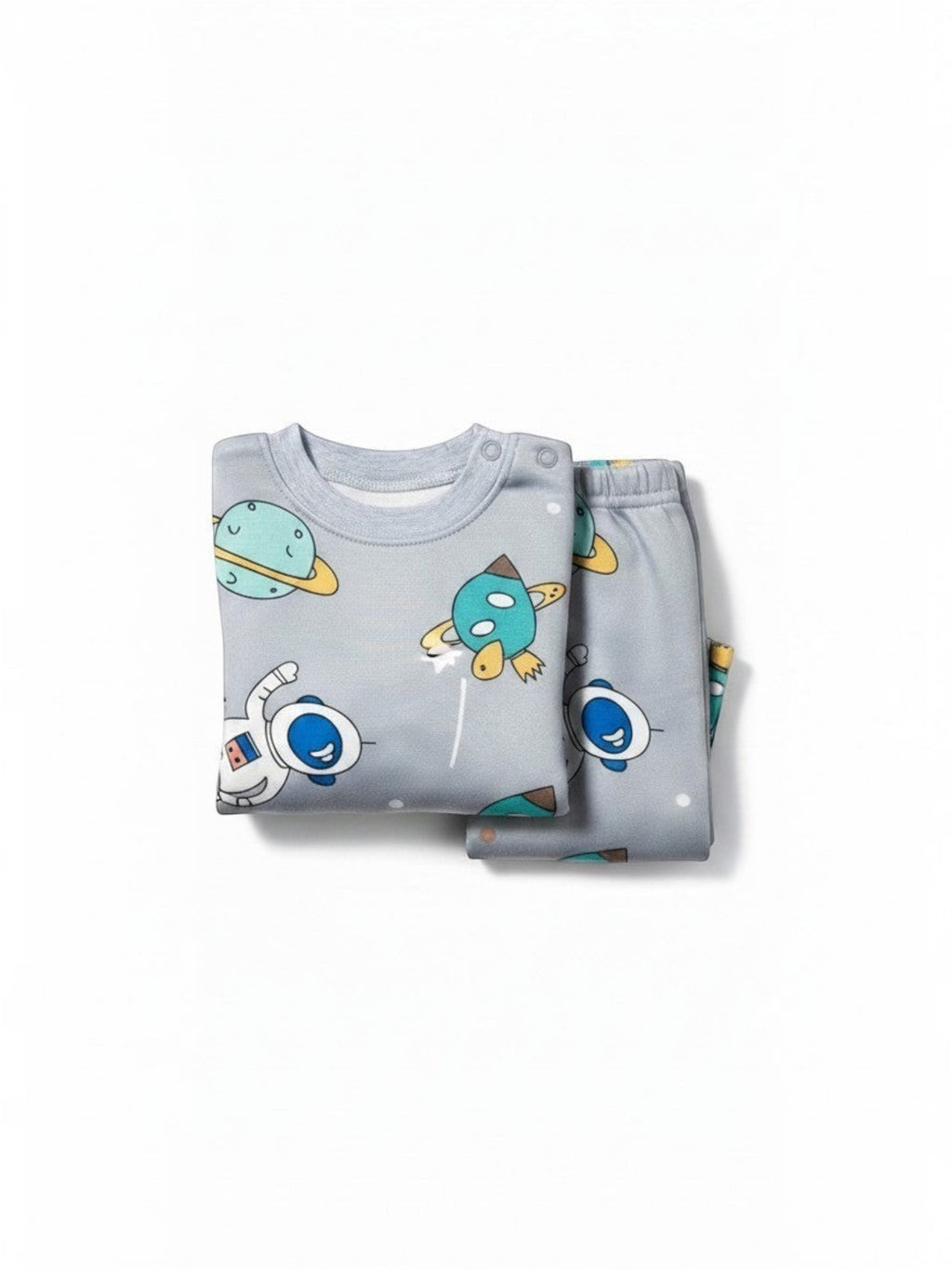 Pijama afranelado Vamos Niños de dos piezas en color gris con estampado de astronautas y planetas para invierno
