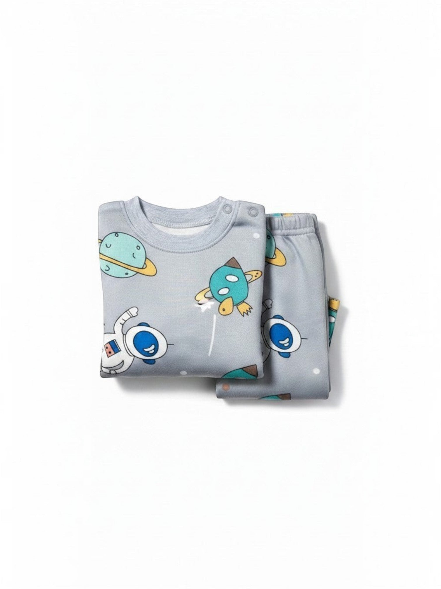 Pijama afranelado Vamos Niños de dos piezas en color gris con estampado de astronautas y planetas para invierno