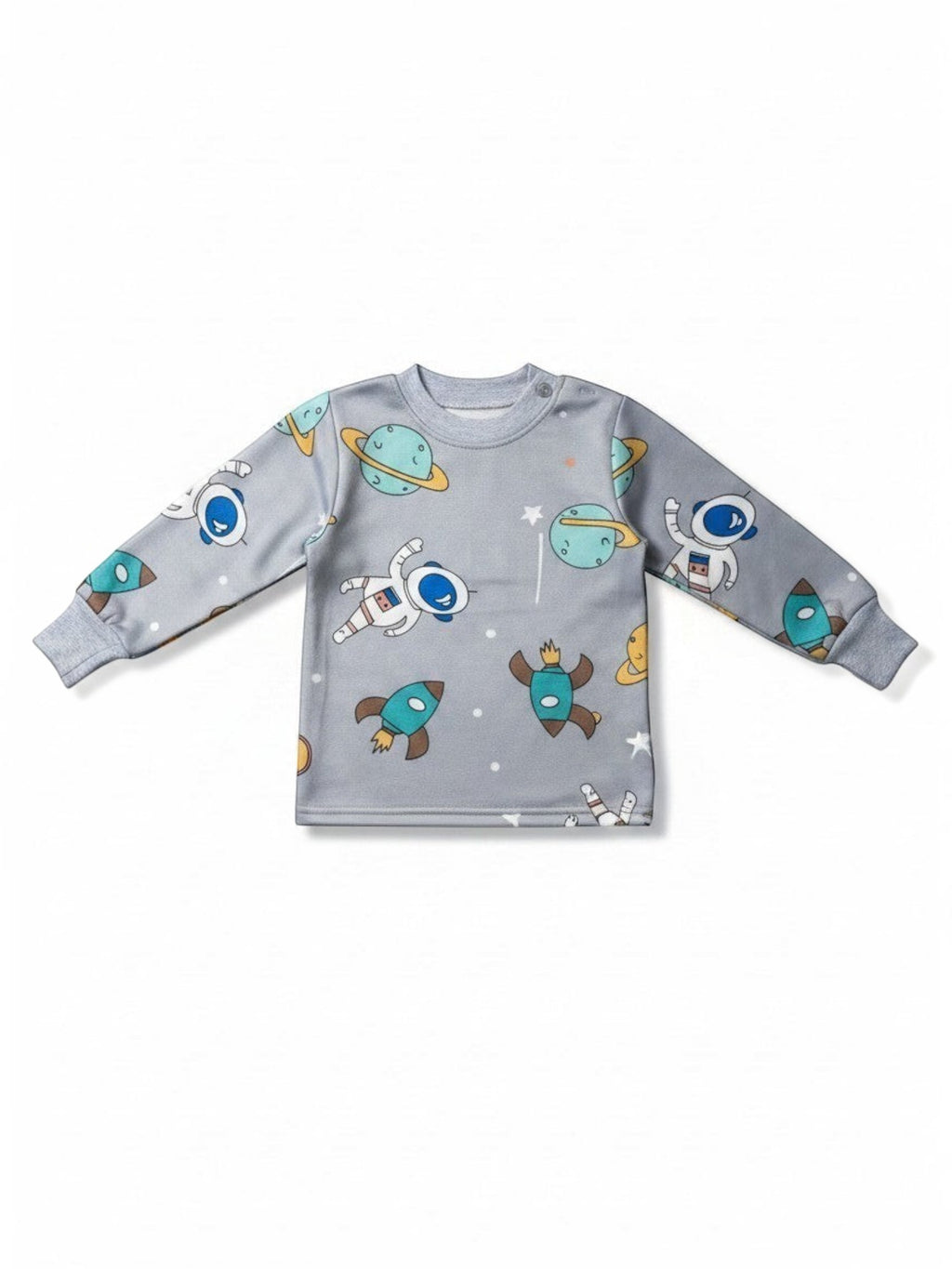 Pijama afranelado Vamos Niños gris con estampado de astronautas, planetas y cohetes para niños, manga larga.