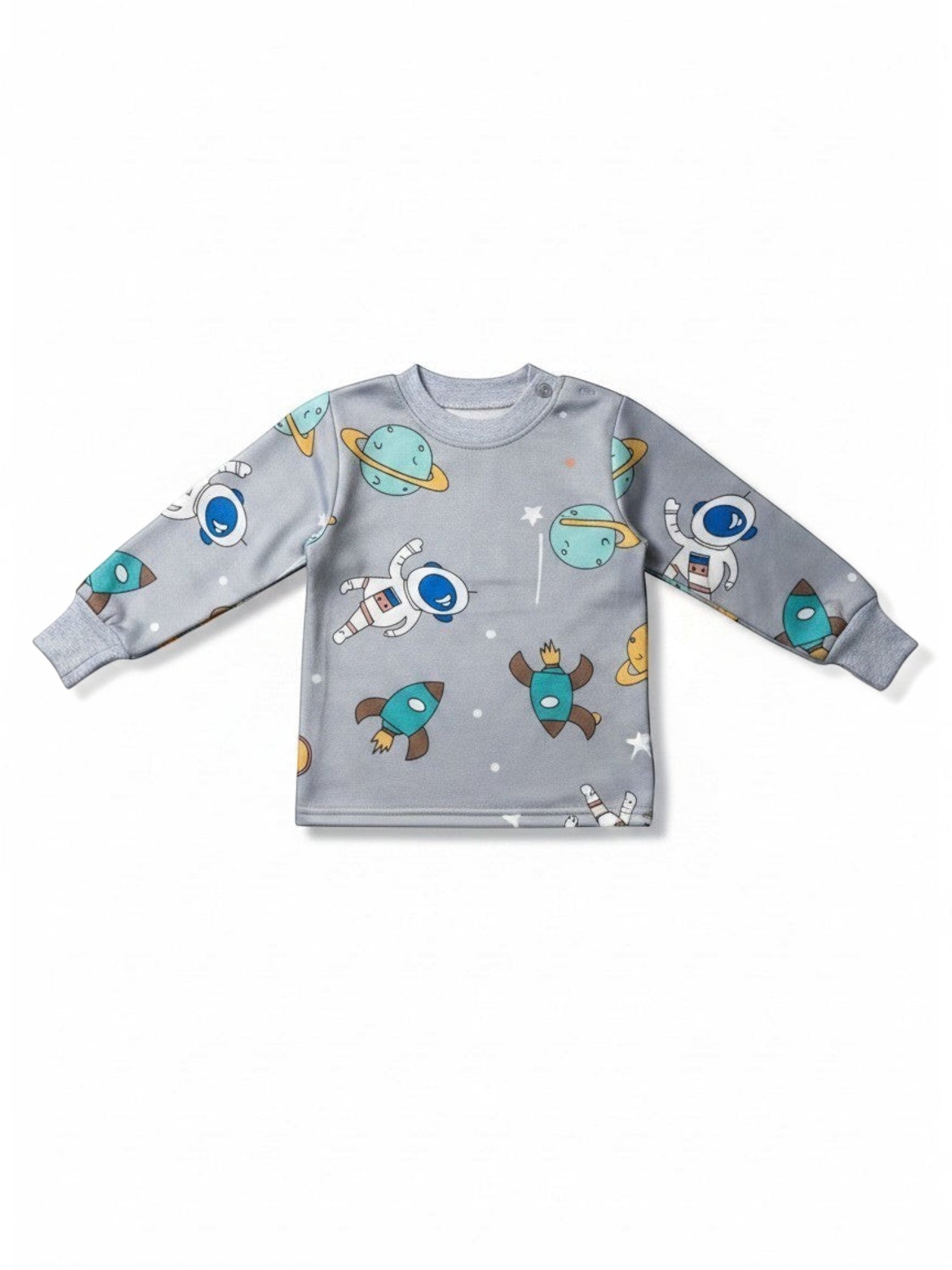 Pijama afranelado Vamos Niños gris con estampado de astronautas, planetas y cohetes para niños, manga larga.