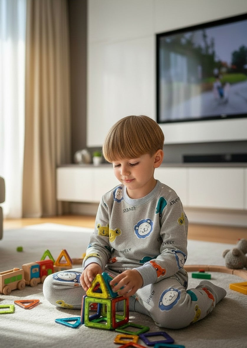 Niño jugando en el suelo con pijama afranelado gris de Vamos Niños con estampado de ositos y puños elasticados