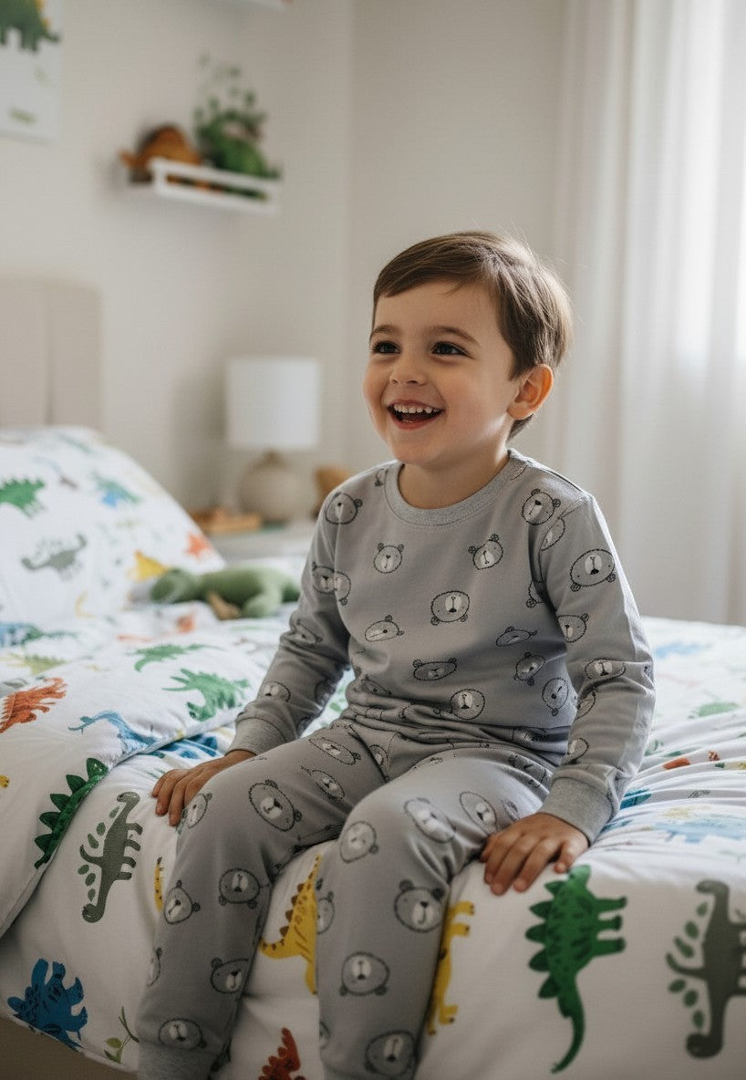 Niño feliz sentado en la cama vistiendo pijama afranelado gris de Vamos Niños con estampado de ositos y puños elásticos
