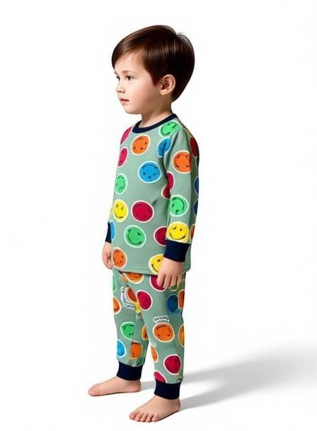 Niño vistiendo pijama afranelado Vamos Niños verde con estampado de caritas sonrientes coloridas y puños azul marino