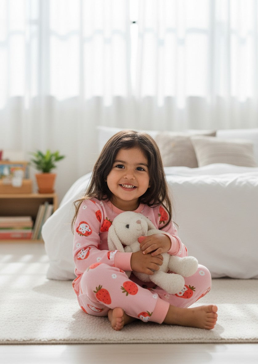 Niña sonriente con pijama afranelado Vamos Niños rosa con estampado de frutillas y puños elasticados en habitación.