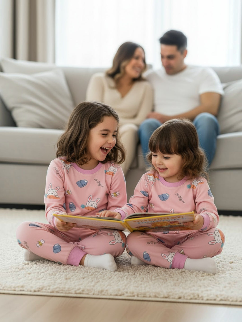 Dos niñas felices usando pijama afranelado rosado con estampado de conejos de Vamos Niños sentadas en una alfombra