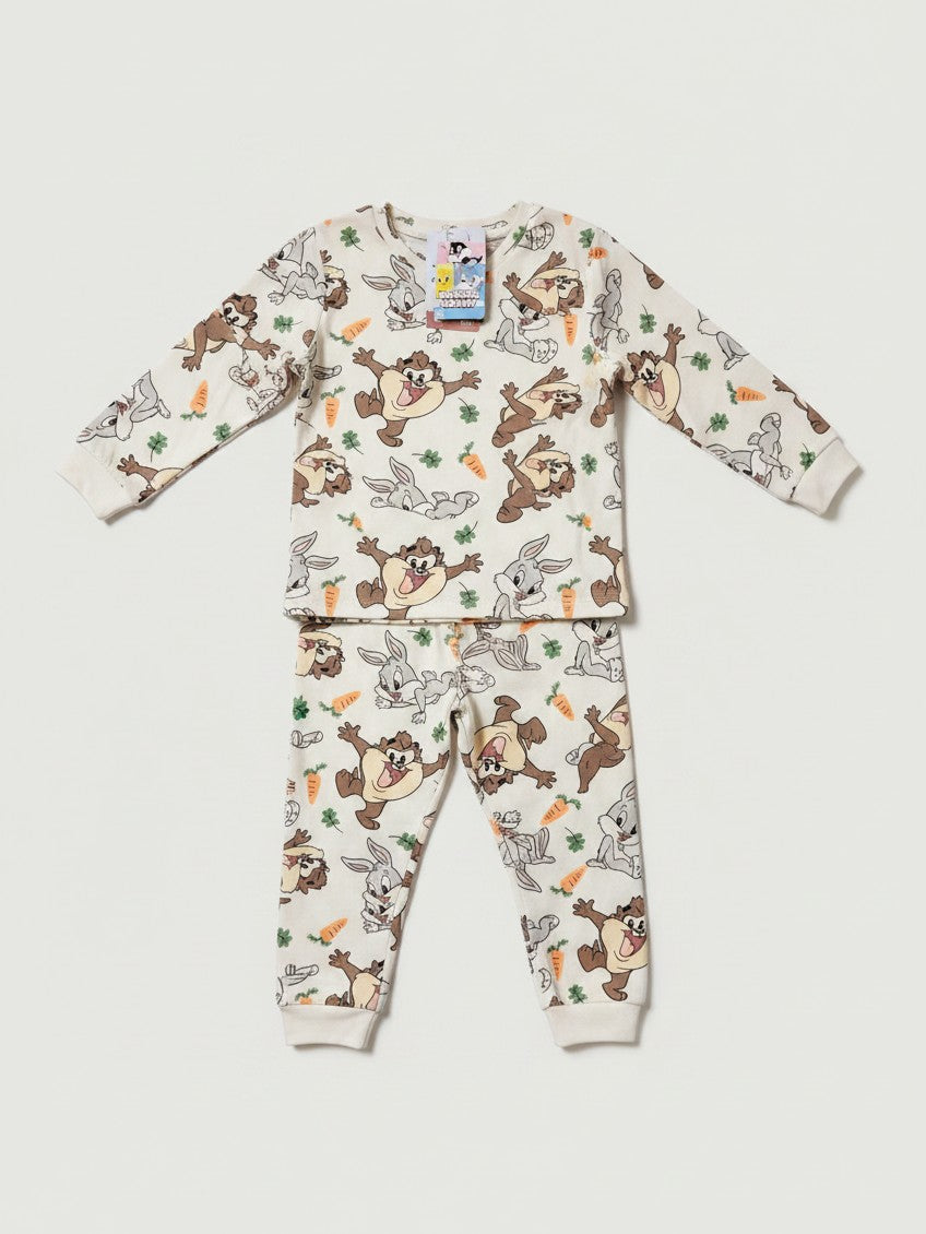 Pijama de bebé Vamos Niños con estampado de Looney Tunes, diseño de Taz y Bugs Bunny en color crema