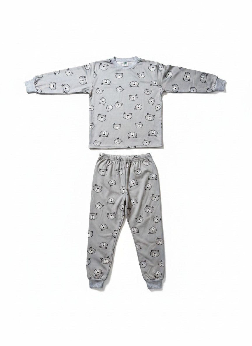 Conjunto de pijama Vamos Niños gris para bebé con estampado de caritas de oso, camiseta manga larga y pantalón cómodo.