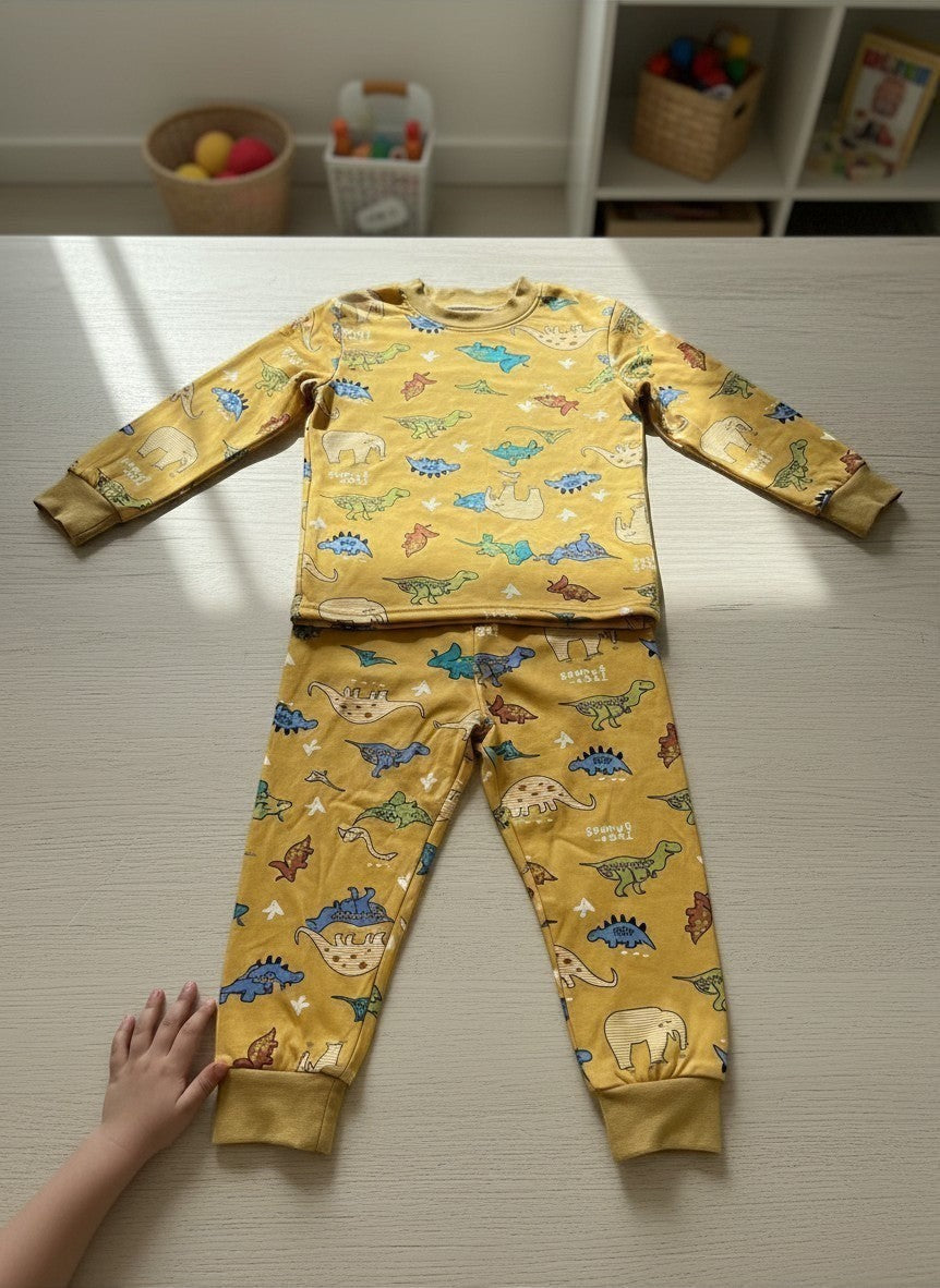 Conjunto de pijama Vamos Niños color mostaza con estampado de dinosaurios, camiseta manga larga y pantalón con puños.