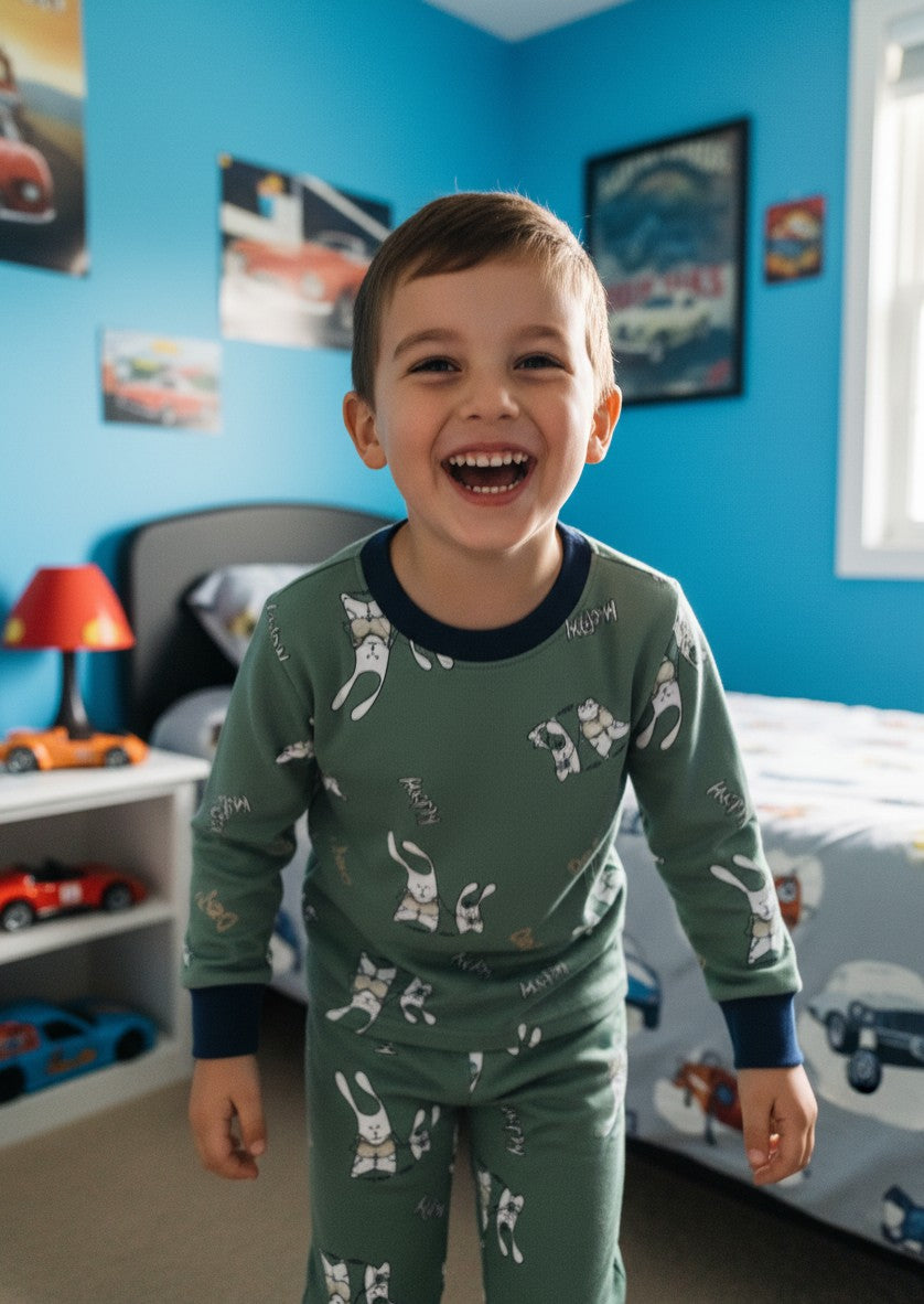 Niño feliz vistiendo pijama verde Vamos Niños con estampado de conejitos y puños azul marino en su dormitorio.