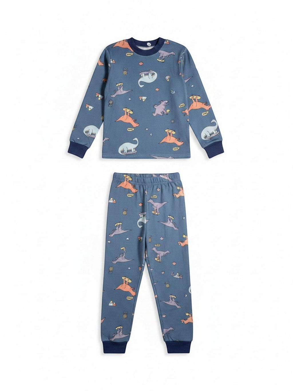 Conjunto de pijama Vamos Niños azul con estampado de dinosaurios patinadores, manga larga y puños elásticos.