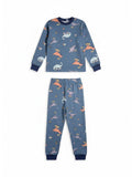 Conjunto de pijama Vamos Niños azul con estampado de dinosaurios patinadores, manga larga y puños elásticos.