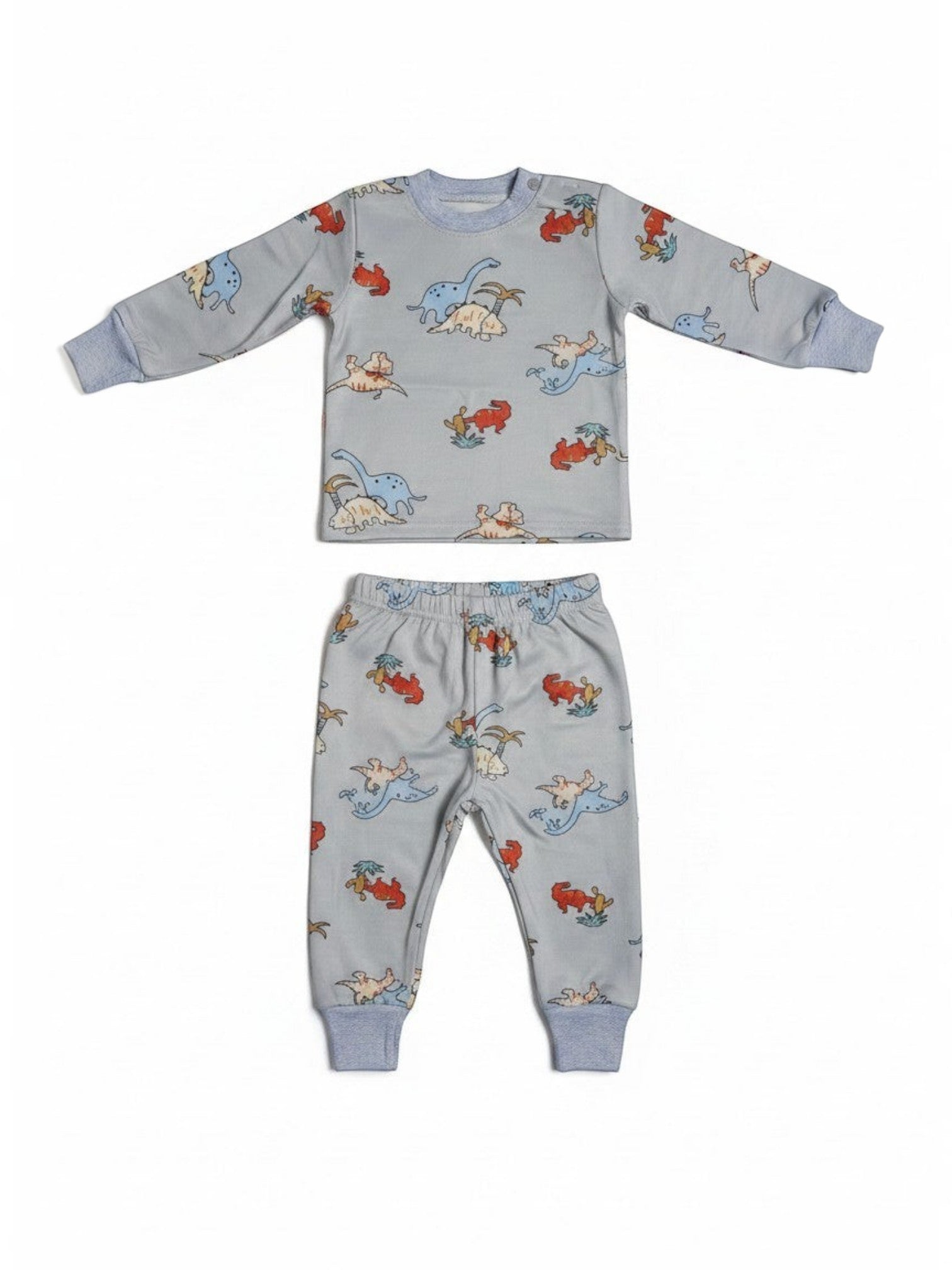 Conjunto de pijama Vamos Niños gris con estampado de dinosaurios coloridos, camiseta manga larga y pantalón elástico.