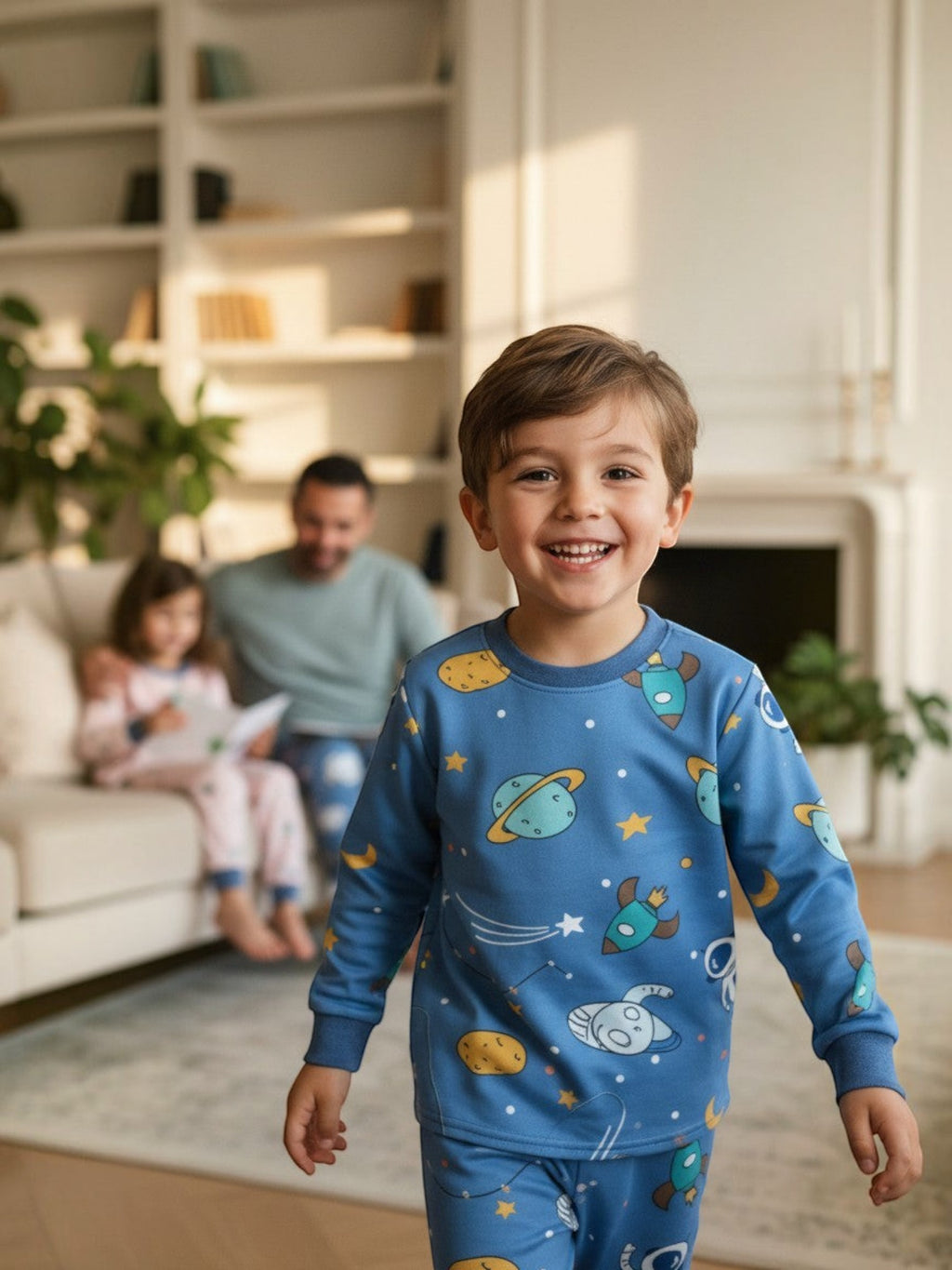 Pantalones de pijama Vamos Niños azules con estampado espacial de cohetes y planetas para niños en casa