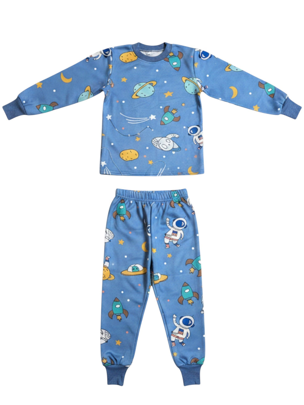Pijama Vamos Niños azul con estampado de astronautas y cohetes,