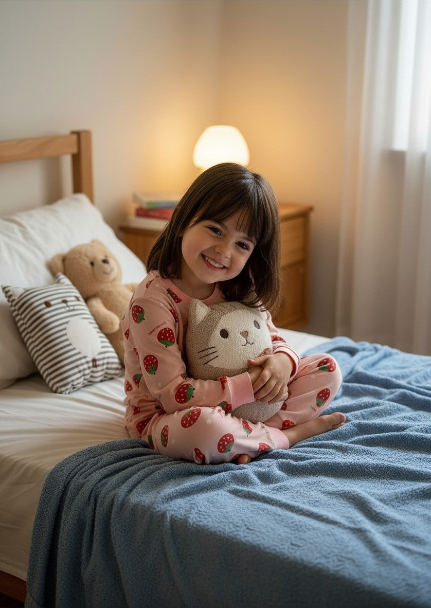 Niña sonriente con pijama Vamos Niños rosa pastel con estampado de frutillas, sentada en una cama acogedora.