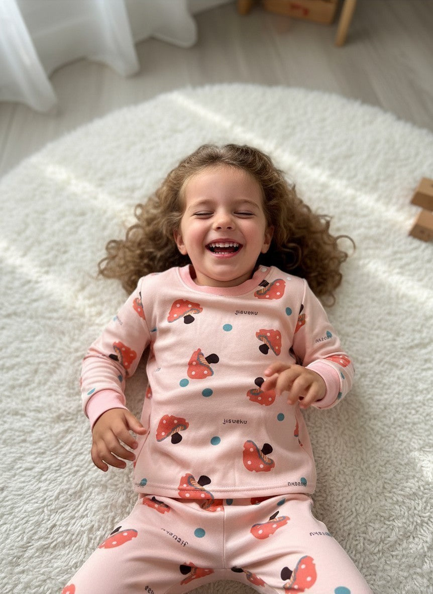 Niña riendo con pijama rosa de Vamos Niños con estampado de hongos y puños elásticos sobre alfombra blanca
