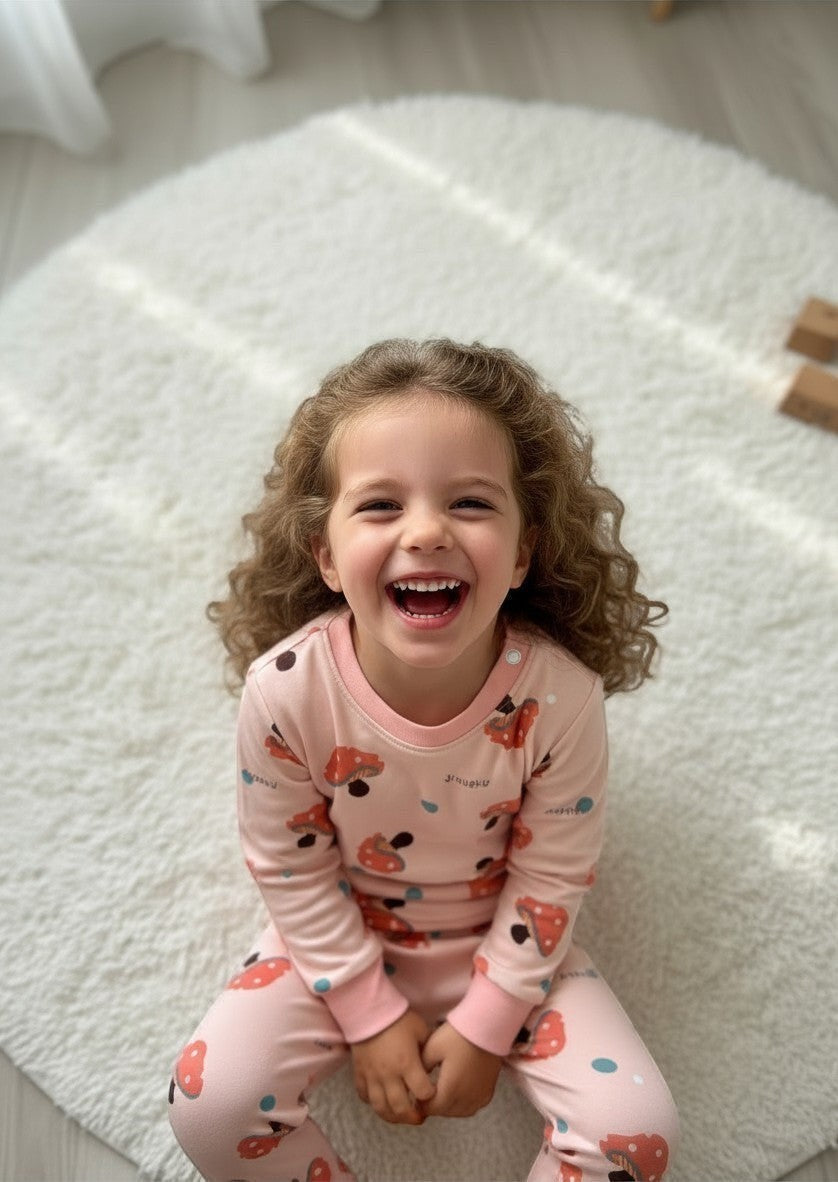 Niña sonriente con pijama rosado Vamos Niños afranelado con estampado de setas y botones a presión en el cuello
