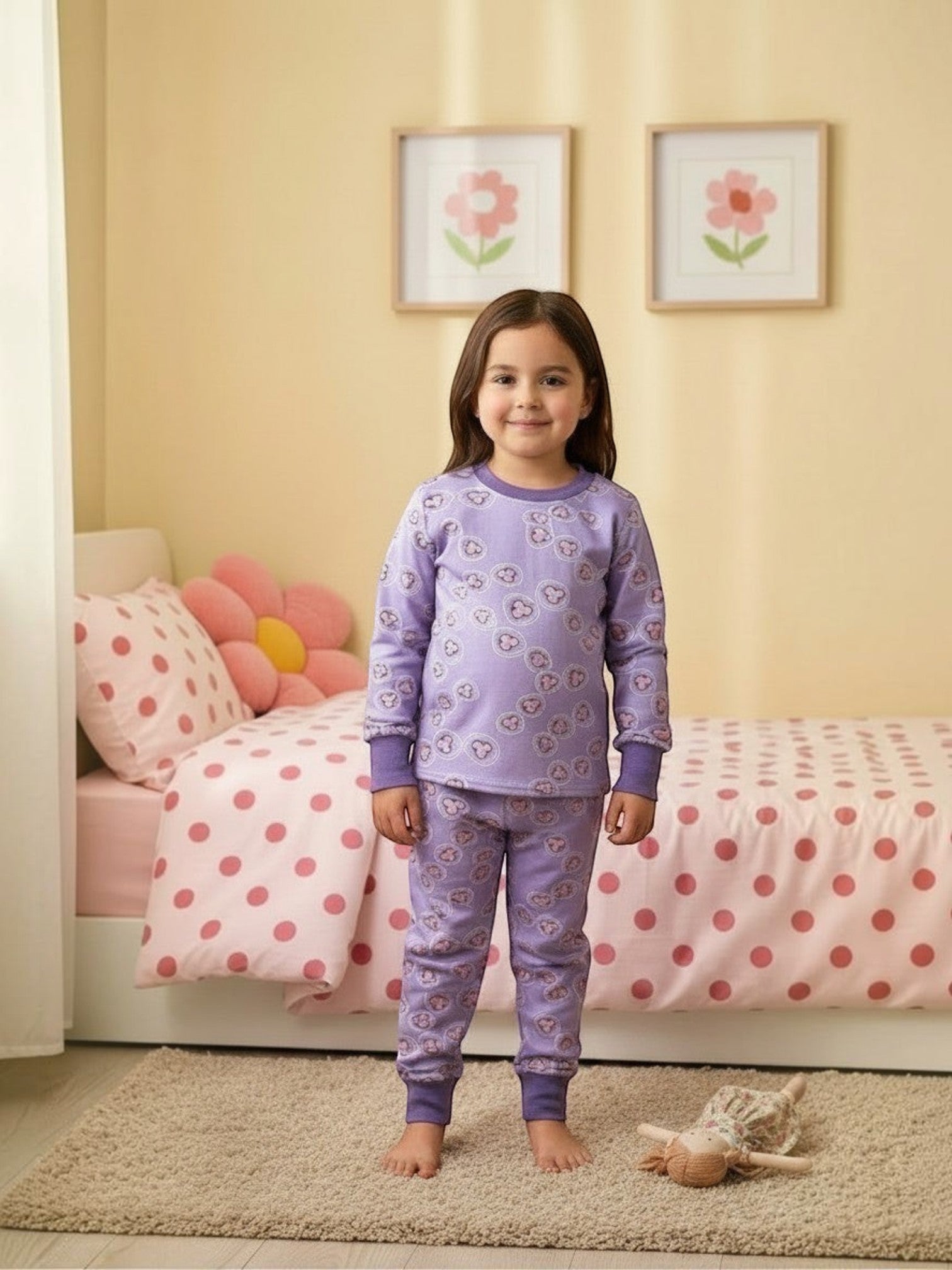Niña con pijama Vamos Niños morado de dos piezas con estampado de mariposas, cuello redondo y puños elásticos.