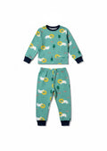 Conjunto Vamos Niños de pijama verde agua con estampado de leones y puños azul marino para niños.