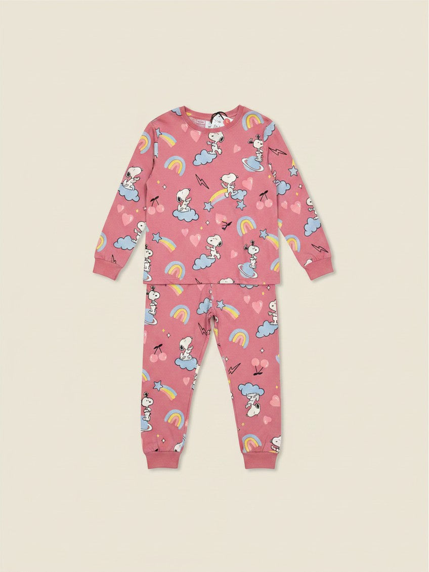 Pijama de niña Vamos Niños Lefties rosado con estampado de Snoopy, arcoíris y nubes, talla 10