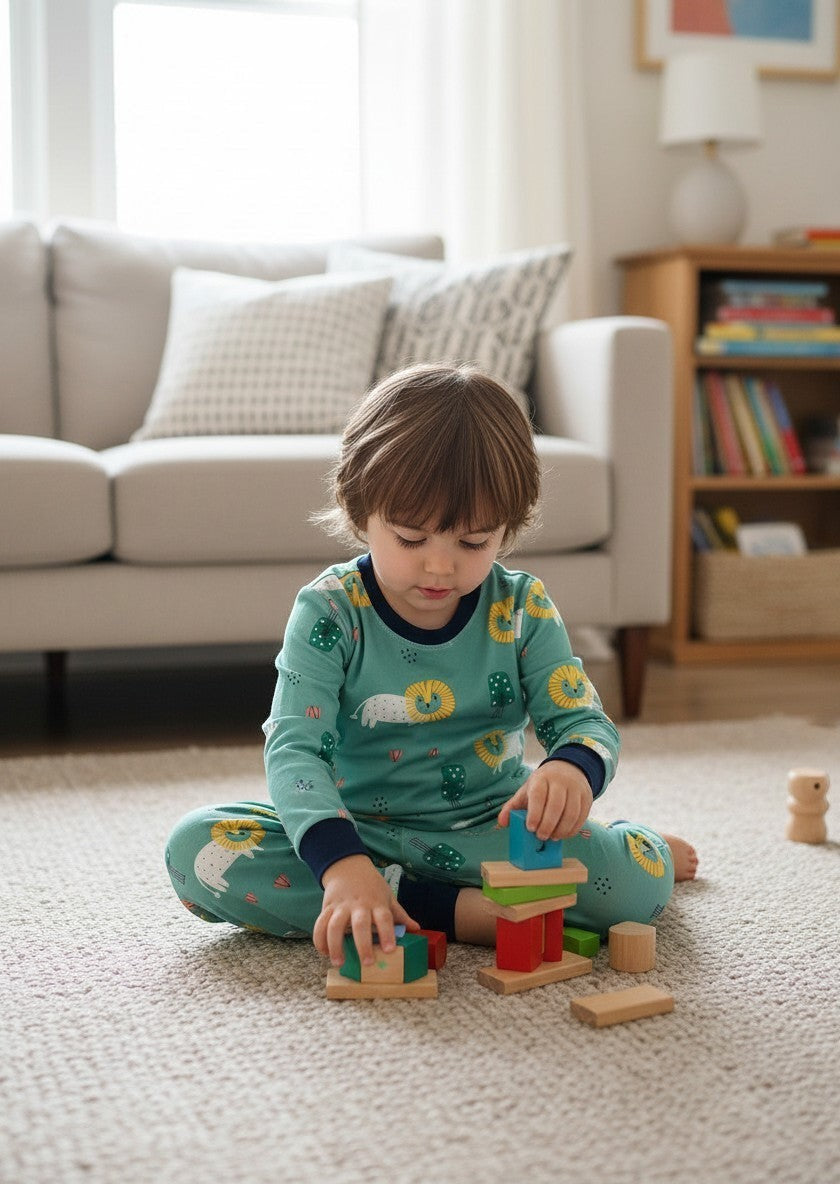 Pijama verde menta de Vamos Niños para niño con estampado de leones y puños azul marino.