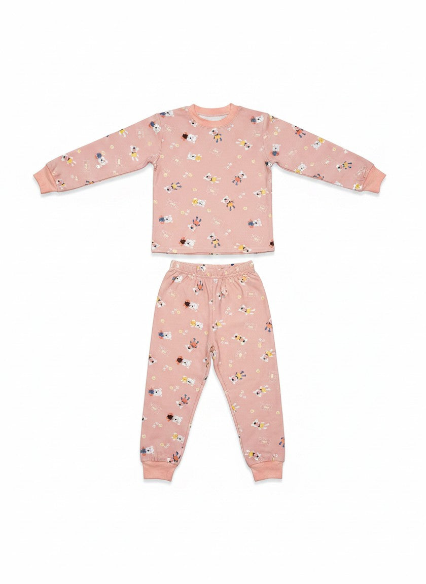 Conjunto de pijama Vamos Niños rosa pastel con estampado de ositos, camiseta manga larga y pantalón con puños elásticos.