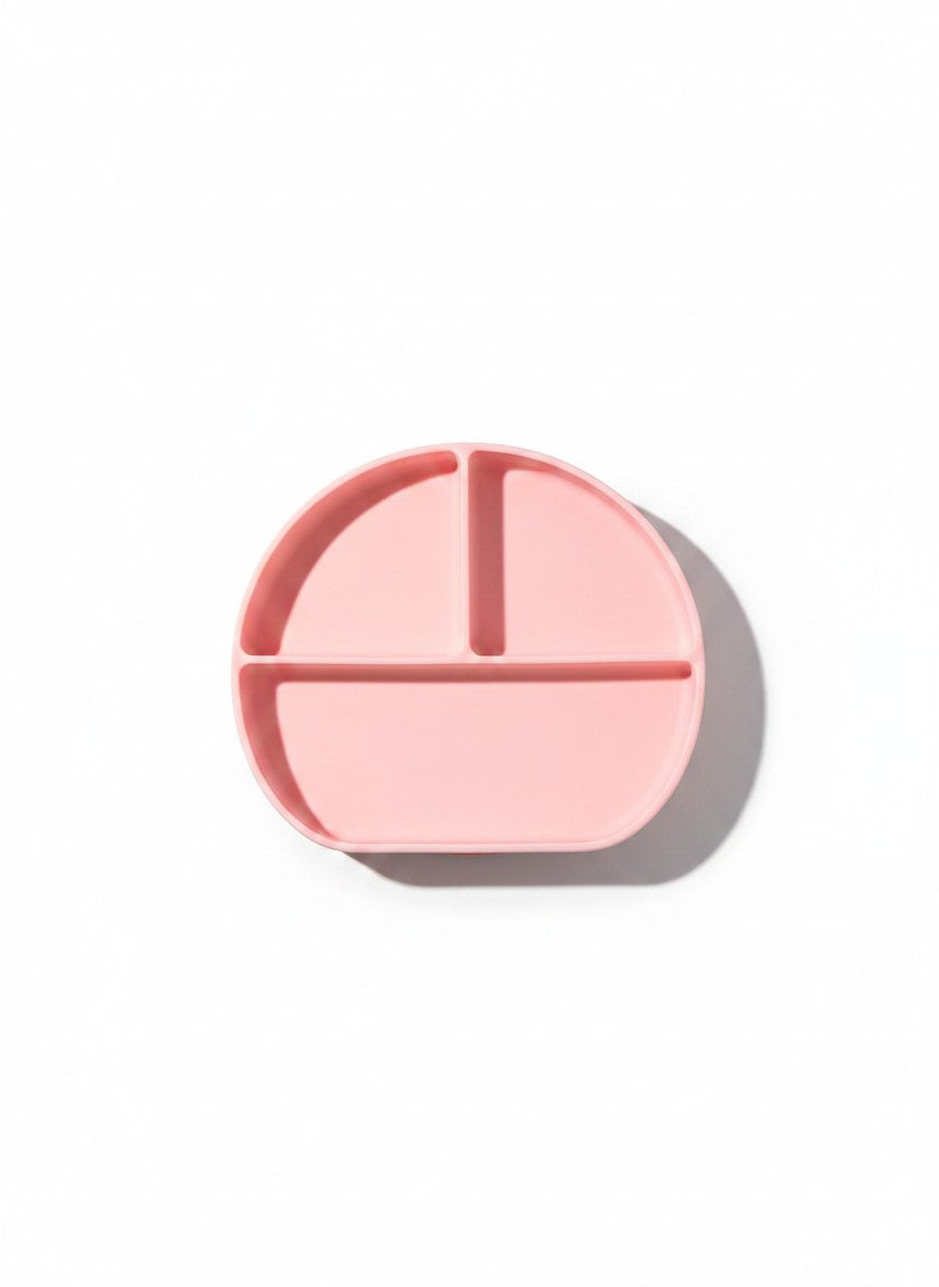 Plato de silicona rosa con divisiones para bebés de Vamos Niños, ideal para alimentación complementaria y método BLW.